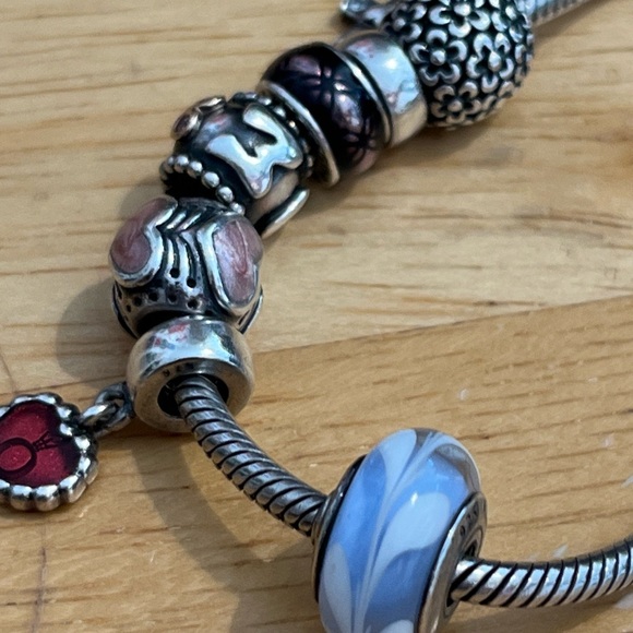 PANDORA VINTAGE SIGNED CHARM BRACELET, hinged beads, heart charm, MURANO glass - Picture 5 of 8